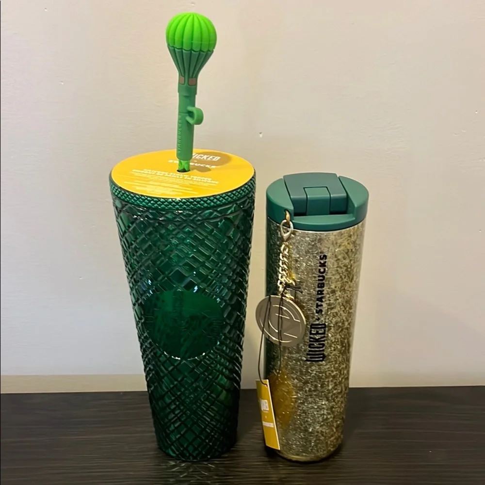 Starbucks Green Tumbler and Gold Glitter Tumbler Set Wicked - Picture 1 of 3